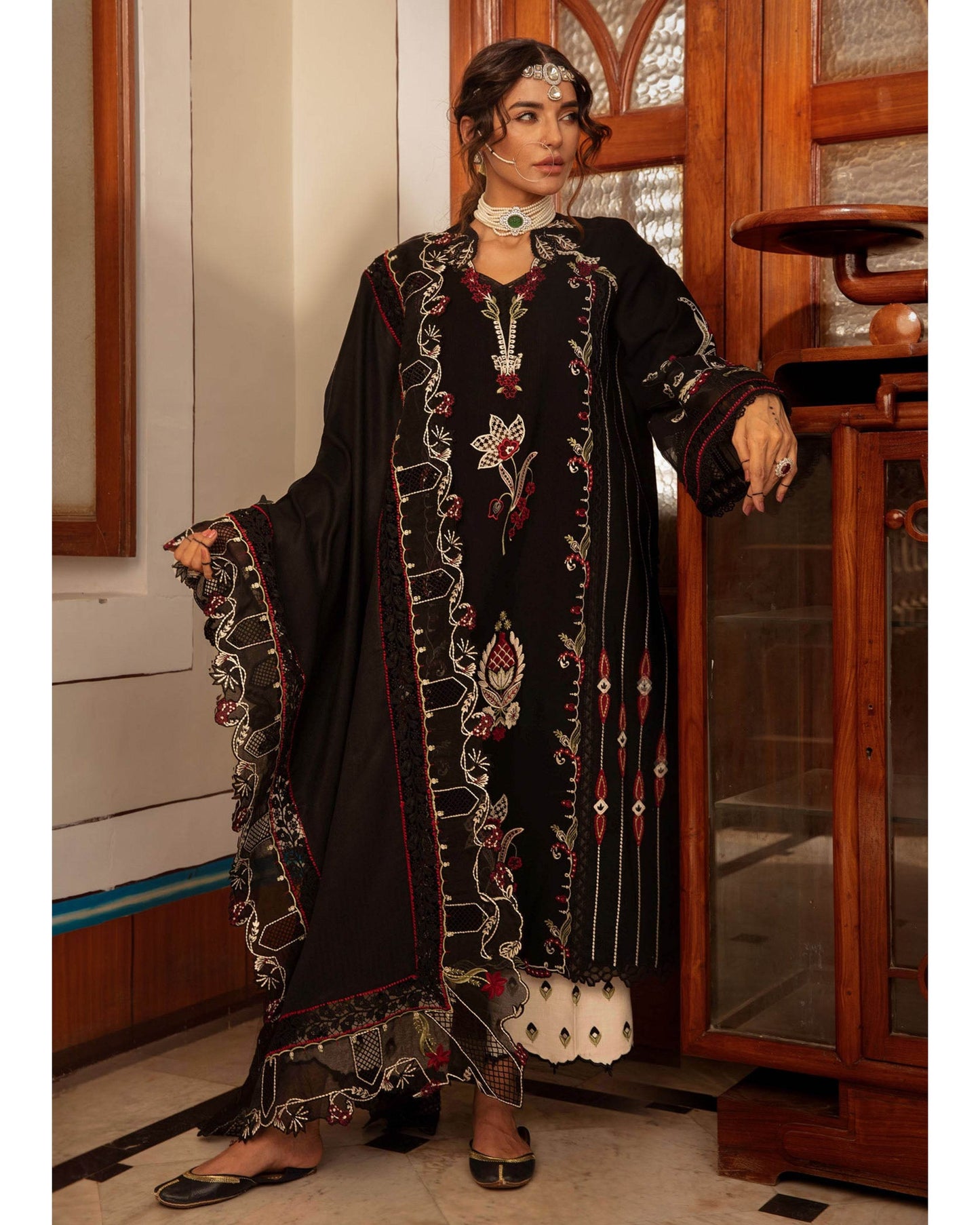CRIMSON DHANAK UNSTITCHED EMB 3PC - City Cloth House