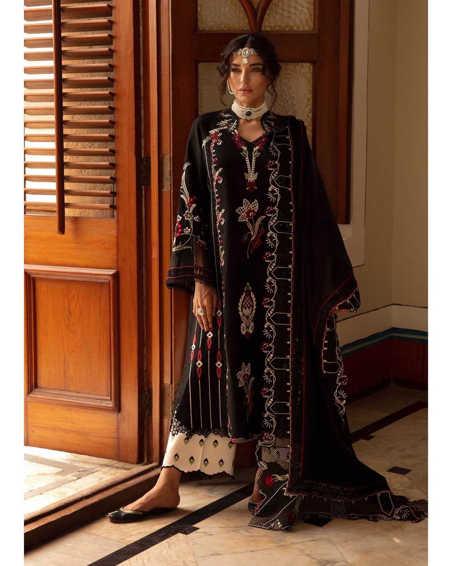 CRIMSON DHANAK UNSTITCHED EMB 3PC - City Cloth House