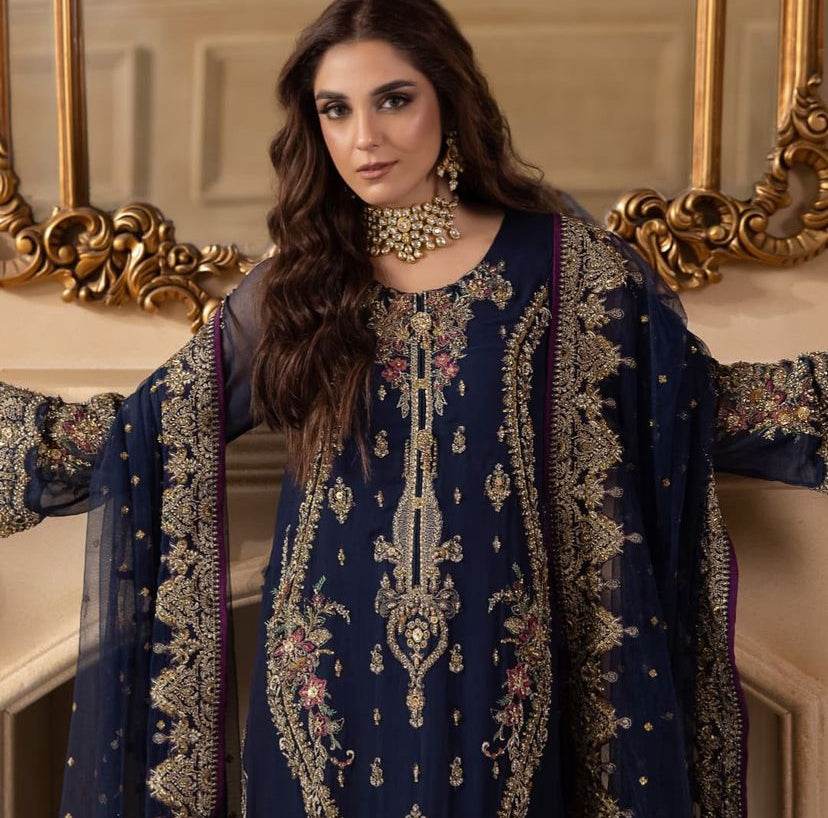 CHARIZMA CHIFFON UNSTITCHED EMB SUIT - City Cloth House