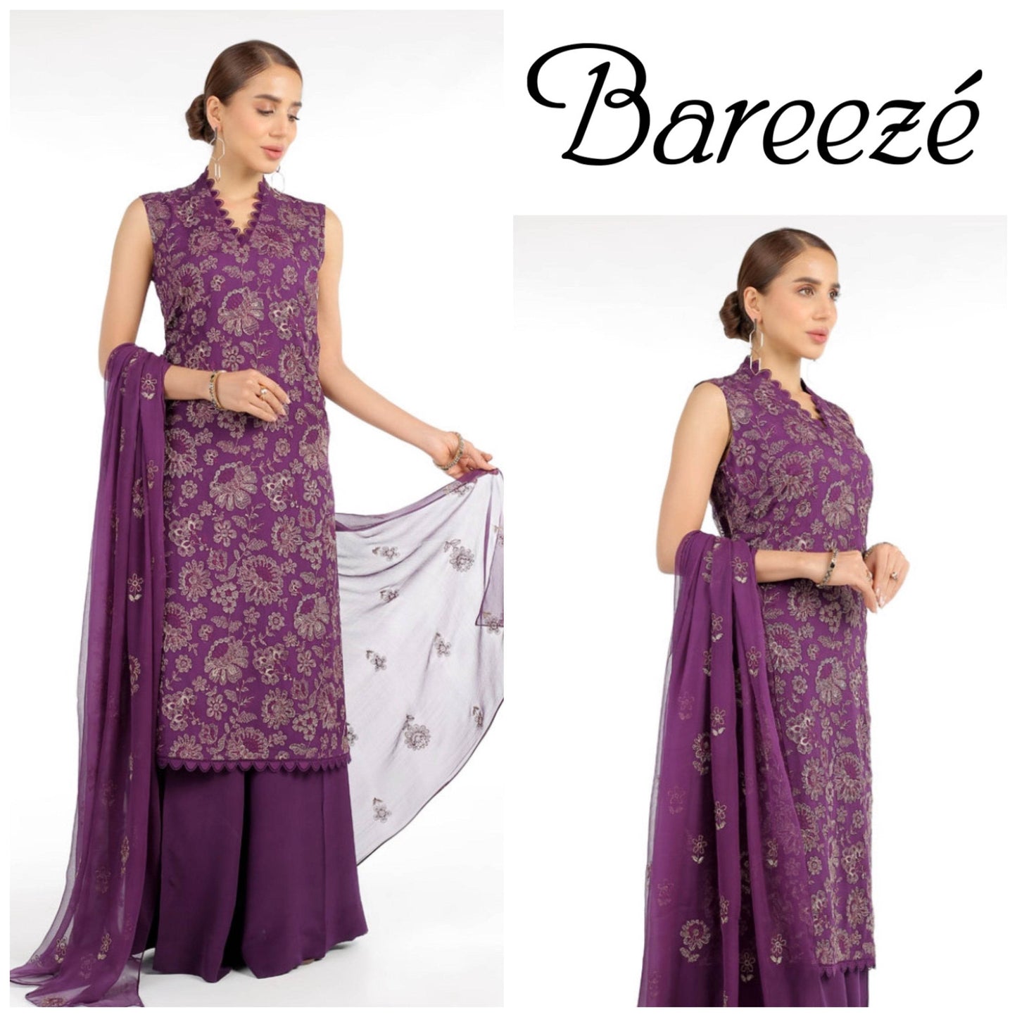 BAREEZA CHIFFON UNSTITCHED EMB SUIT - City Cloth House