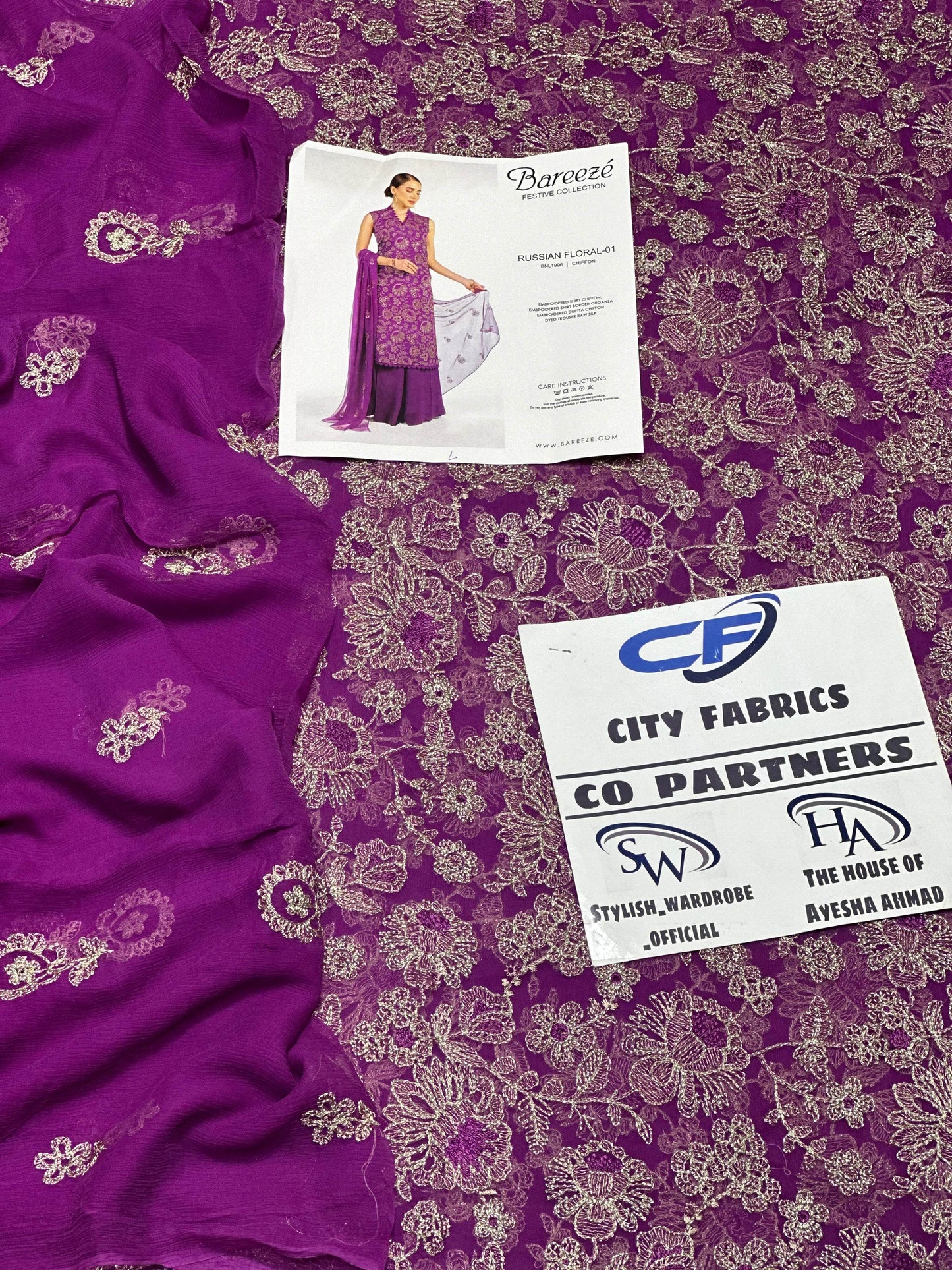 BAREEZA CHIFFON UNSTITCHED EMB SUIT - City Cloth House