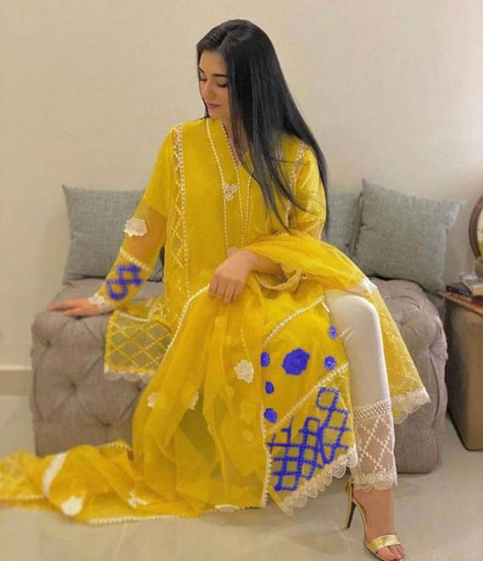 QALAMKAR ORGANZA UNSTICH EMBROIDERED 3PC - City Cloth House