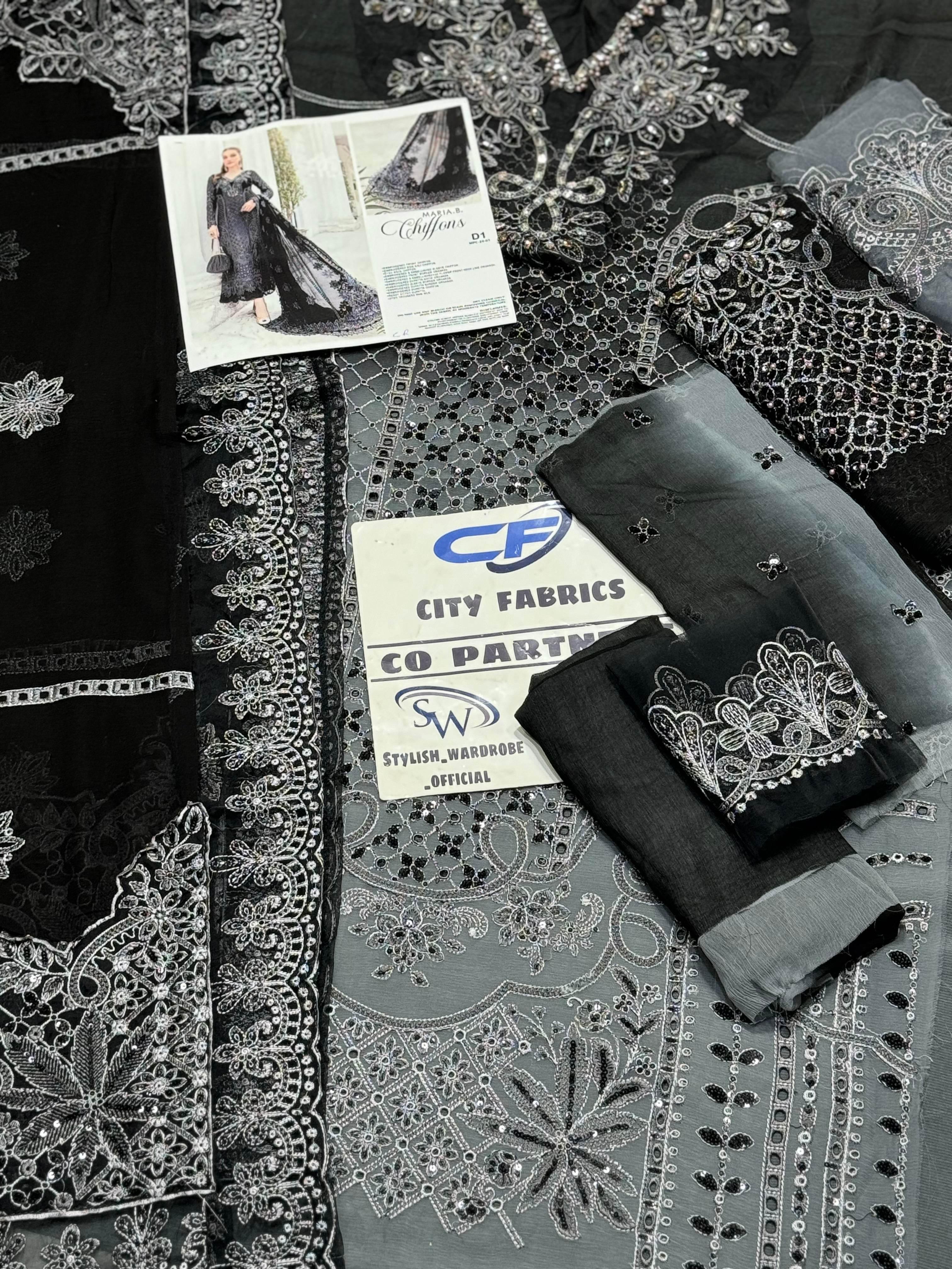 MARIA.B CHIFFON UNSTITCHED EMB SUIT - City Cloth House