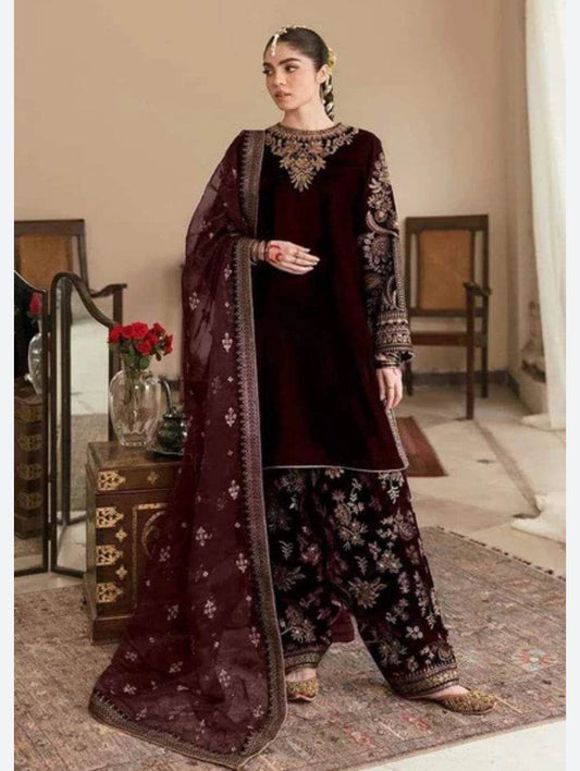 ZARA SHAHJAHAN VELVET UNSTITCHED EMB 3PC - City Cloth House