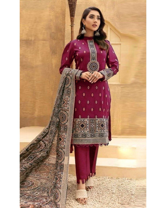 BAREEZE DHANAK UNSTITCHED EMB 3PC - City Cloth House