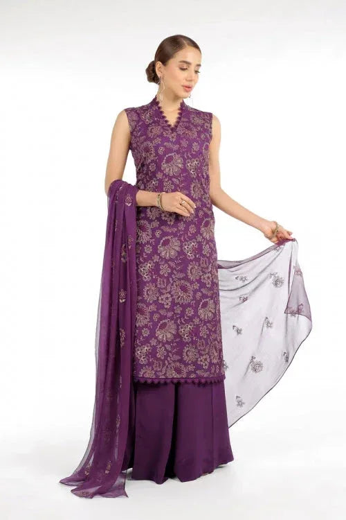 BAREEZA CHIFFON UNSTITCHED EMB SUIT - City Cloth House