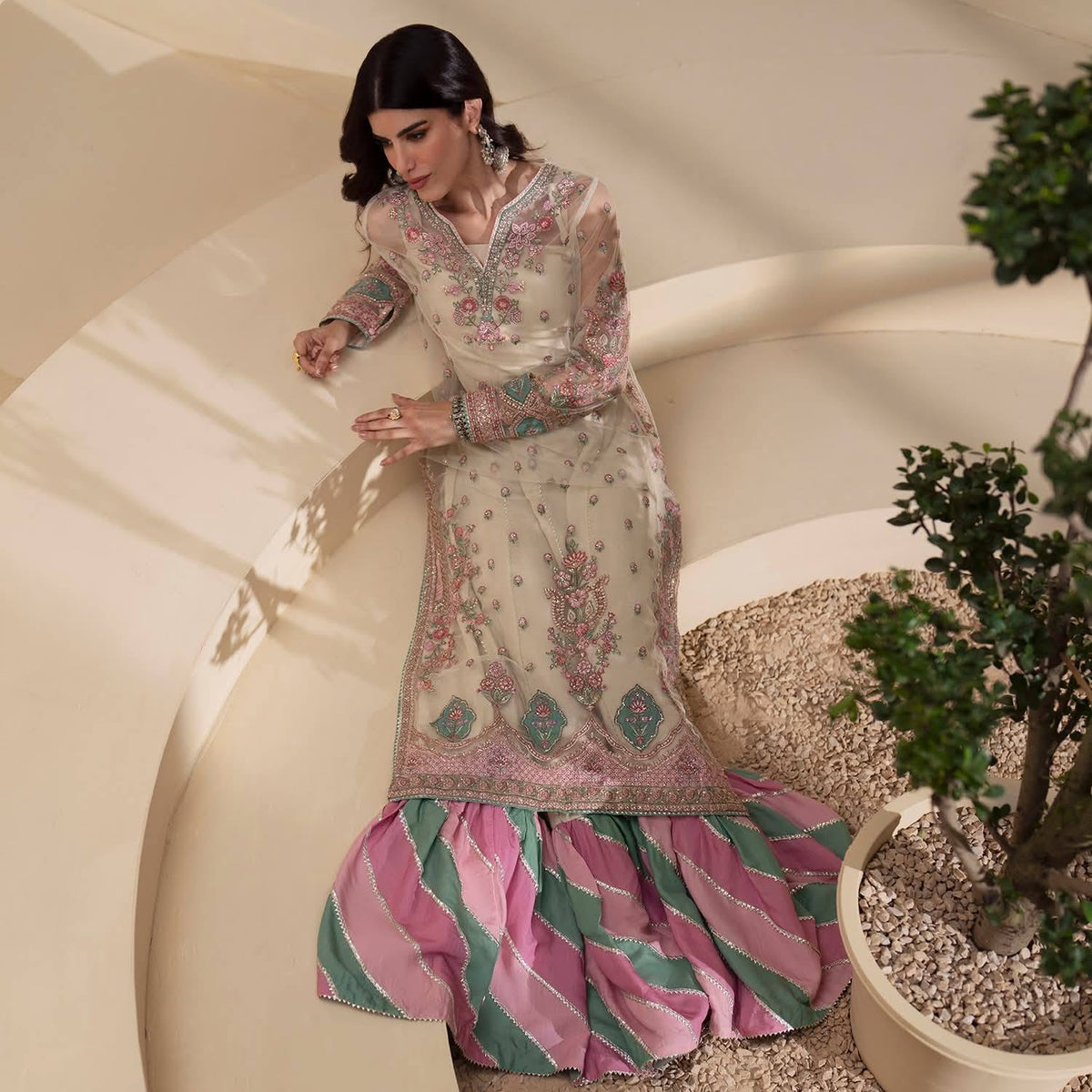 ETHNIC SILK UNSTITCHED EMB  SUIT