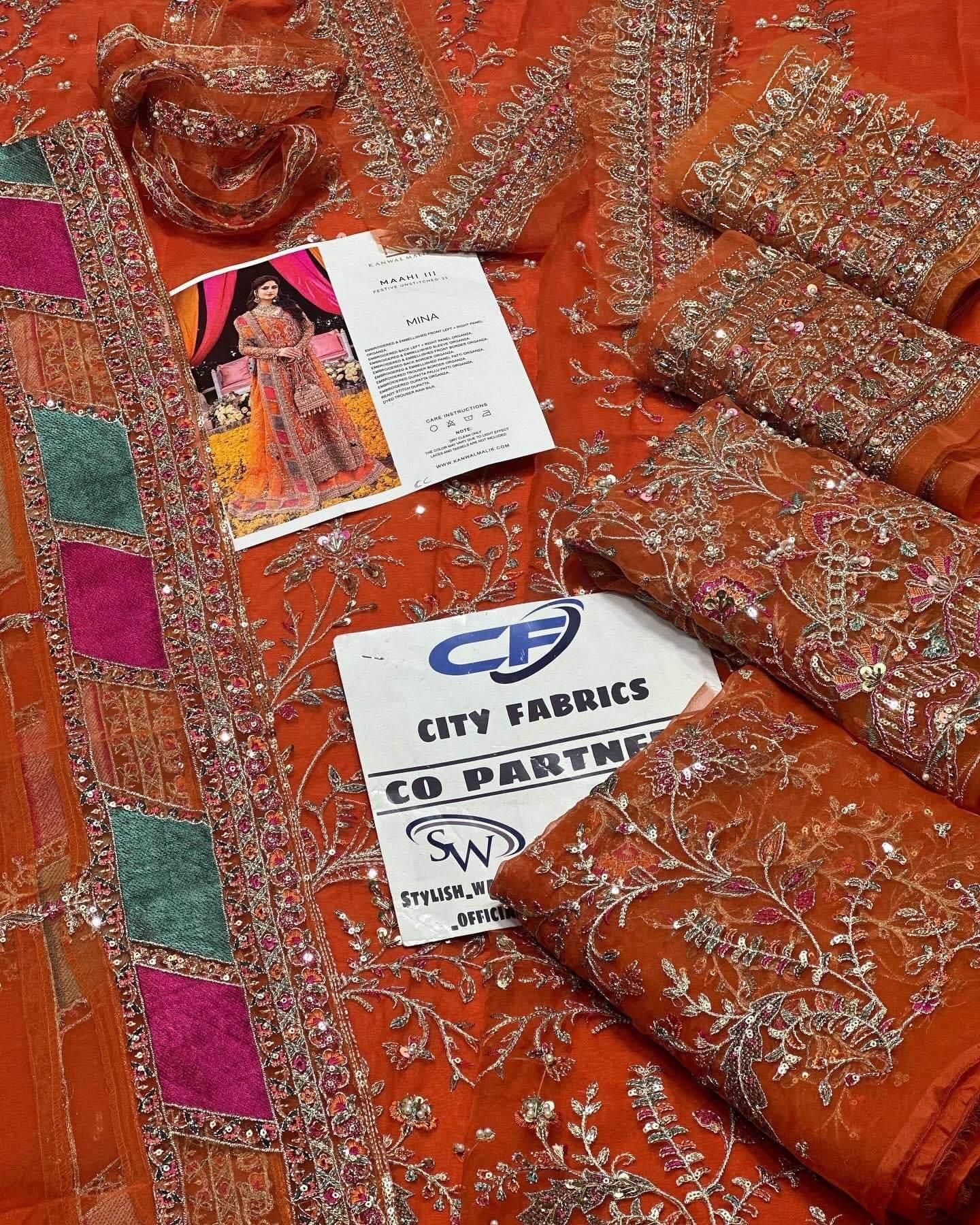 KANWAL MALIK ORGANZA UNSTITCHED EMB SUIT - City Cloth House