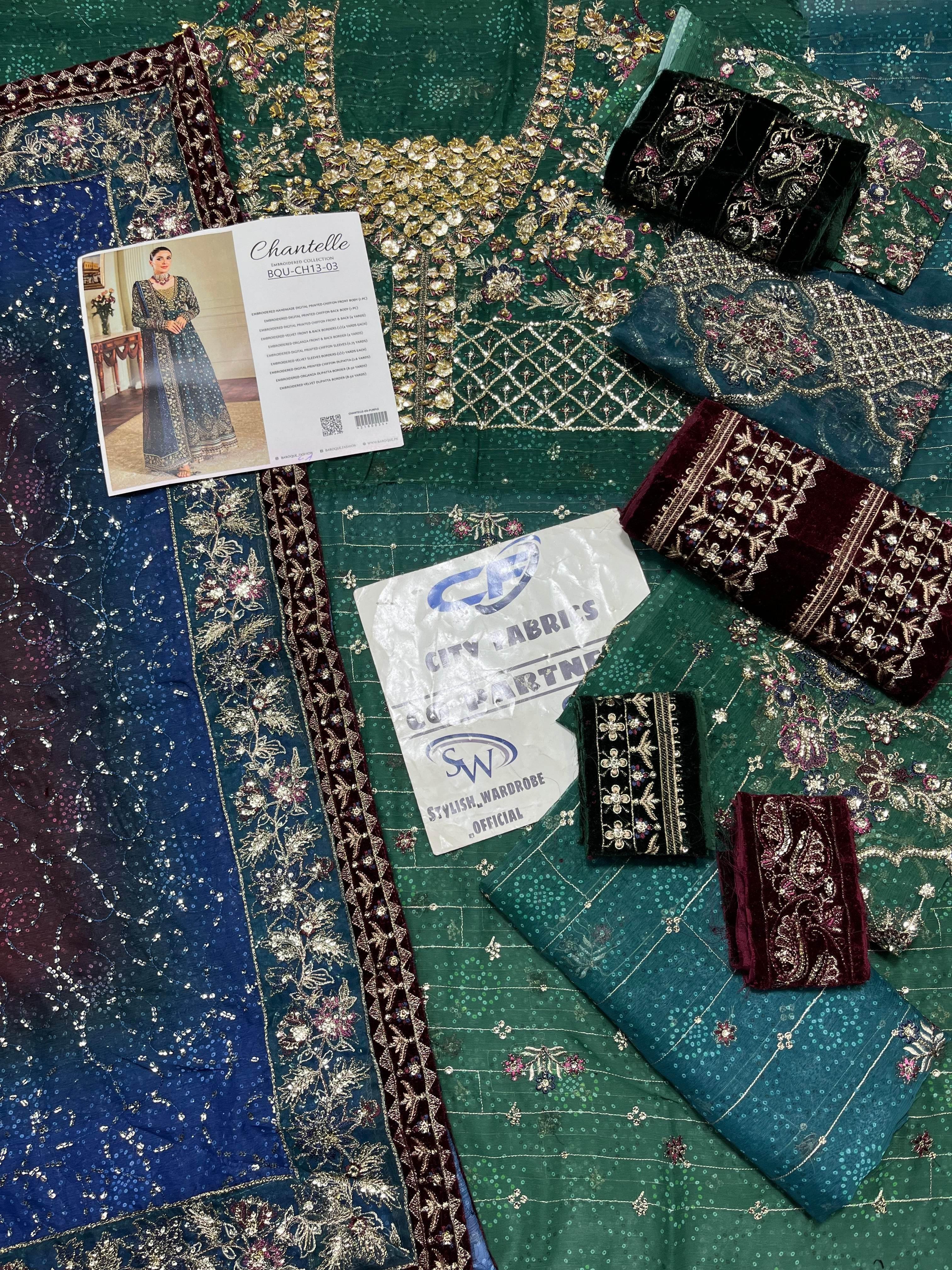 BAROQUE CHIFFON UNSTITCHED EMB SUIT - City Cloth House