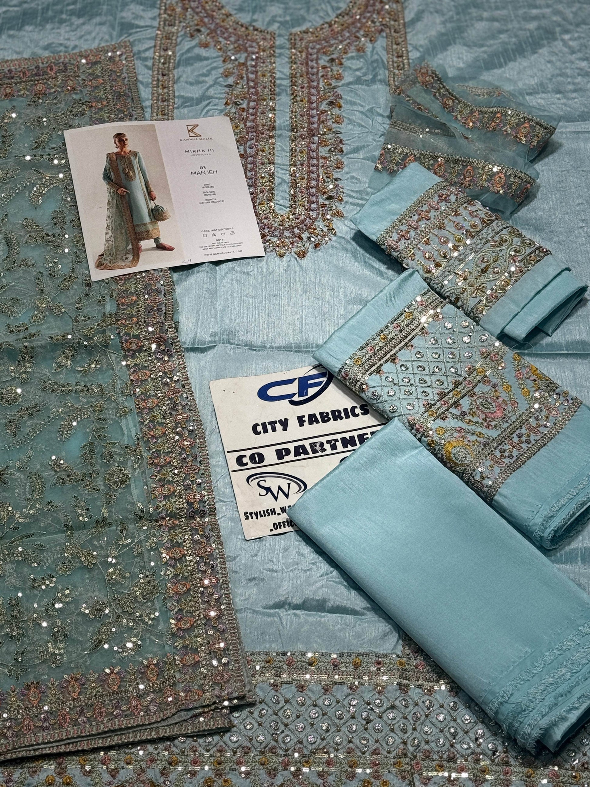 KANWAL MALIK RAW SILK UNSTITCHED EMB SUIT - City Cloth House