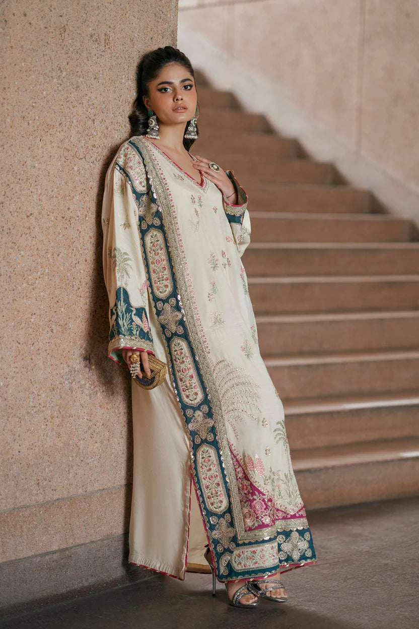 ETHNIC SILK UNSTITCHED EMB SUIT