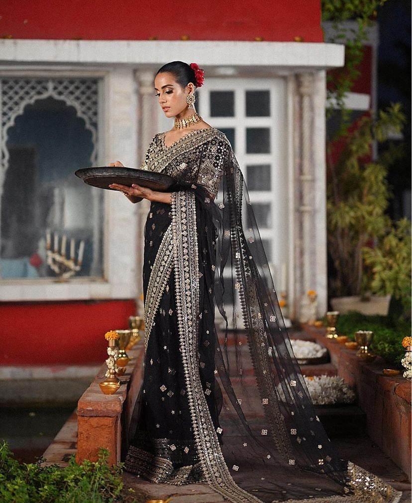 QALAMKAR NET UNSTITCHED EMB SAREE - City Cloth House