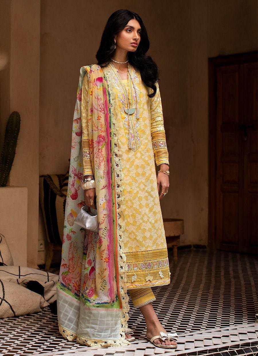 FARAH TALIB AZIZ LAWN UNSTITCH EMB 3PC BAHIA SUN (FTA-12) - City Cloth House