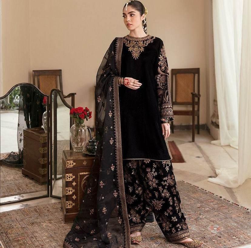 ZARA SHAHJAHAN VELVET UNSTITCHED EMB 3PC - City Cloth House