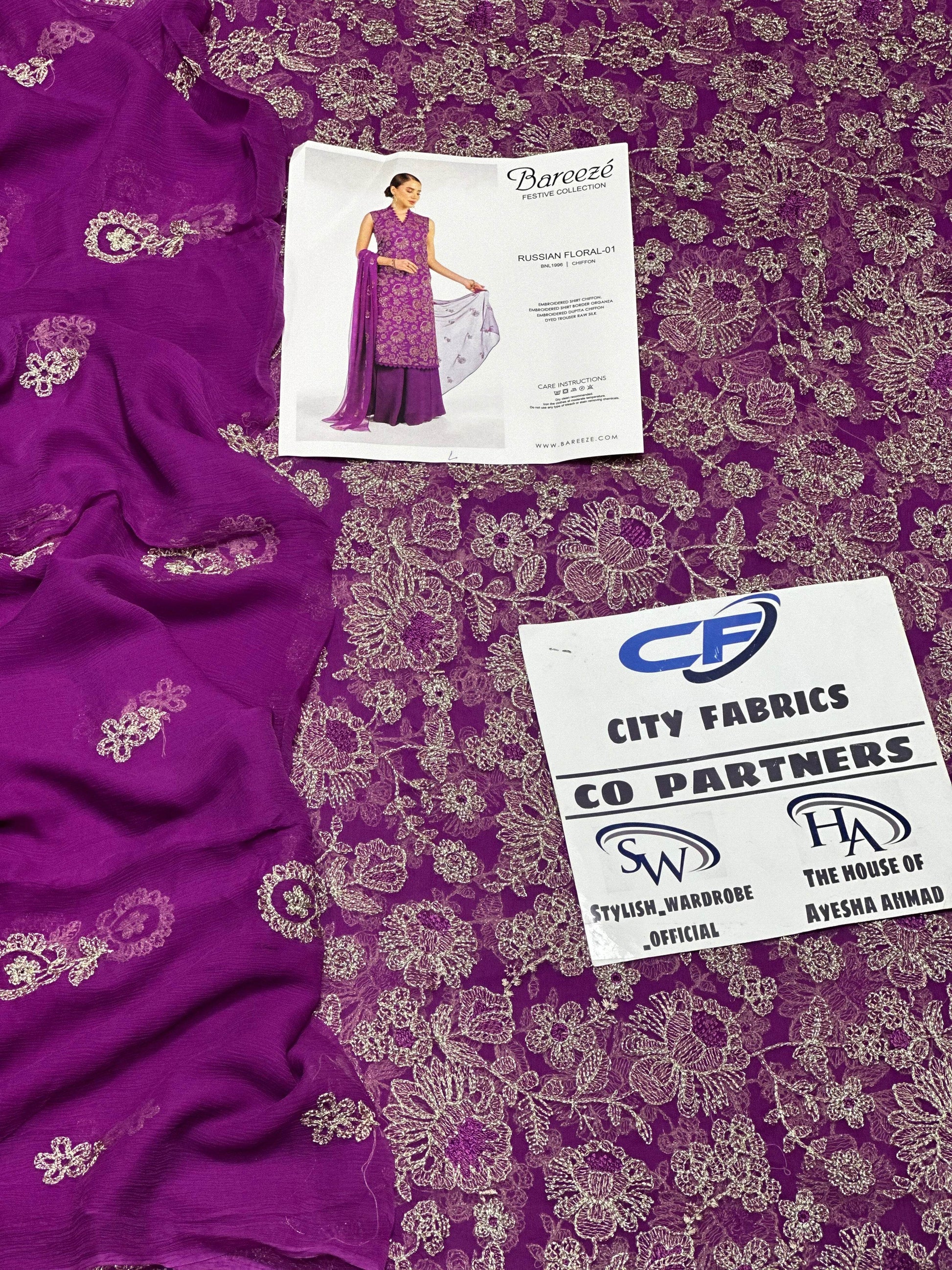 BAREEZA CHIFFON UNSTITCHED EMB SUIT - City Cloth House