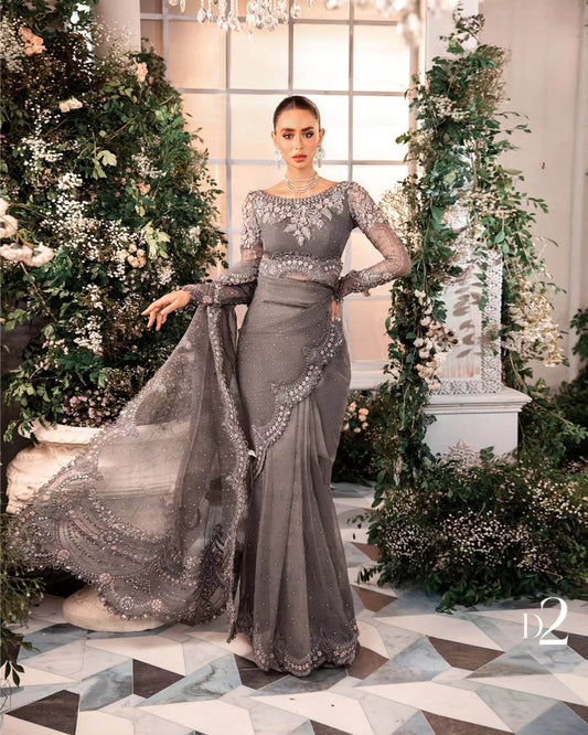 MARIA.B ORGANZA UNSTITCHED EMB SAREE - City Cloth House