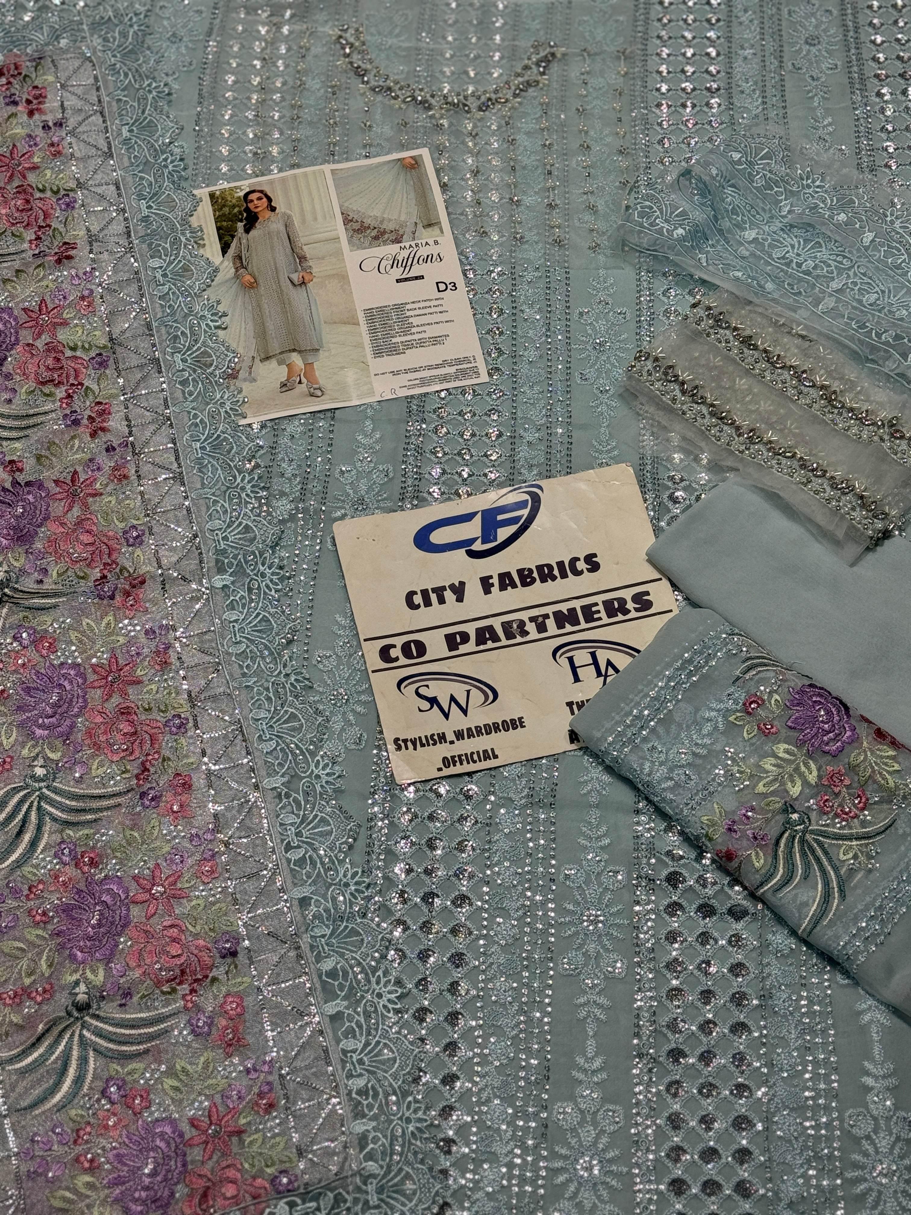 MARIA.B CHIFFON UNSTITCHED EMB SUIT - City Cloth House