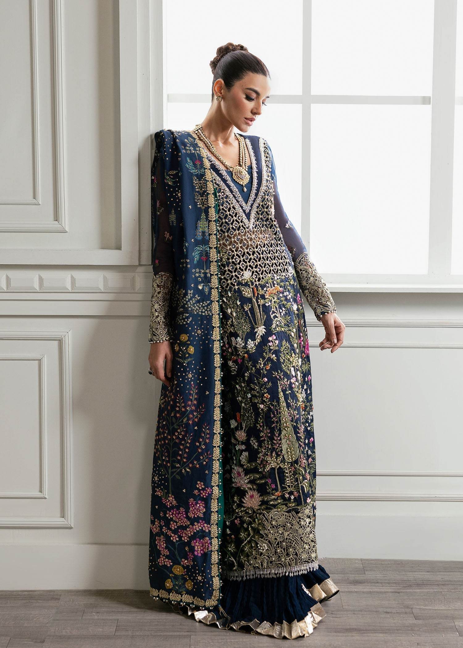CRIMSON ORGANZA UNSTITCHED EMB SUIT - City Cloth House