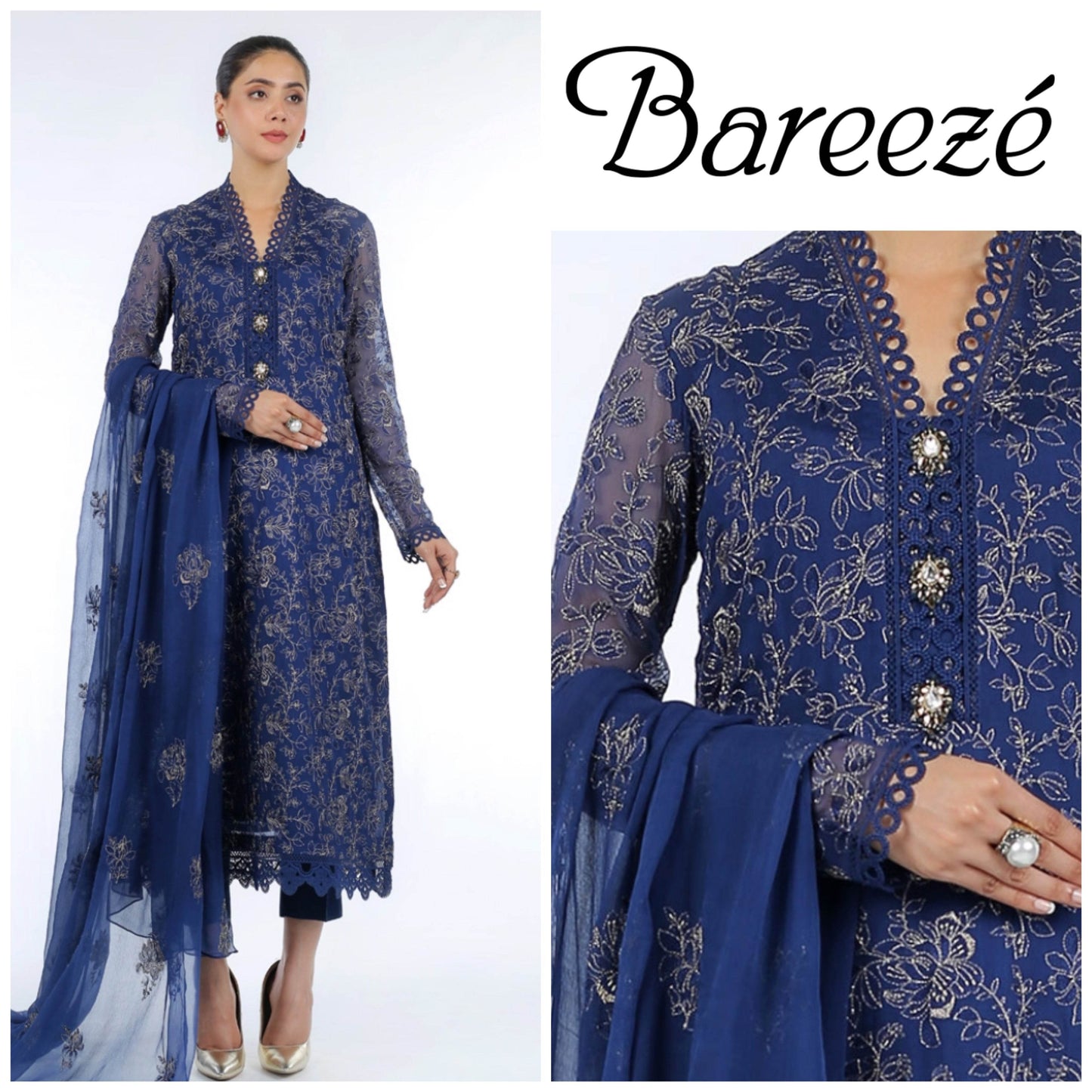 BAREEZA CHIFFON UNSTITCHED EMB SUIT - City Cloth House