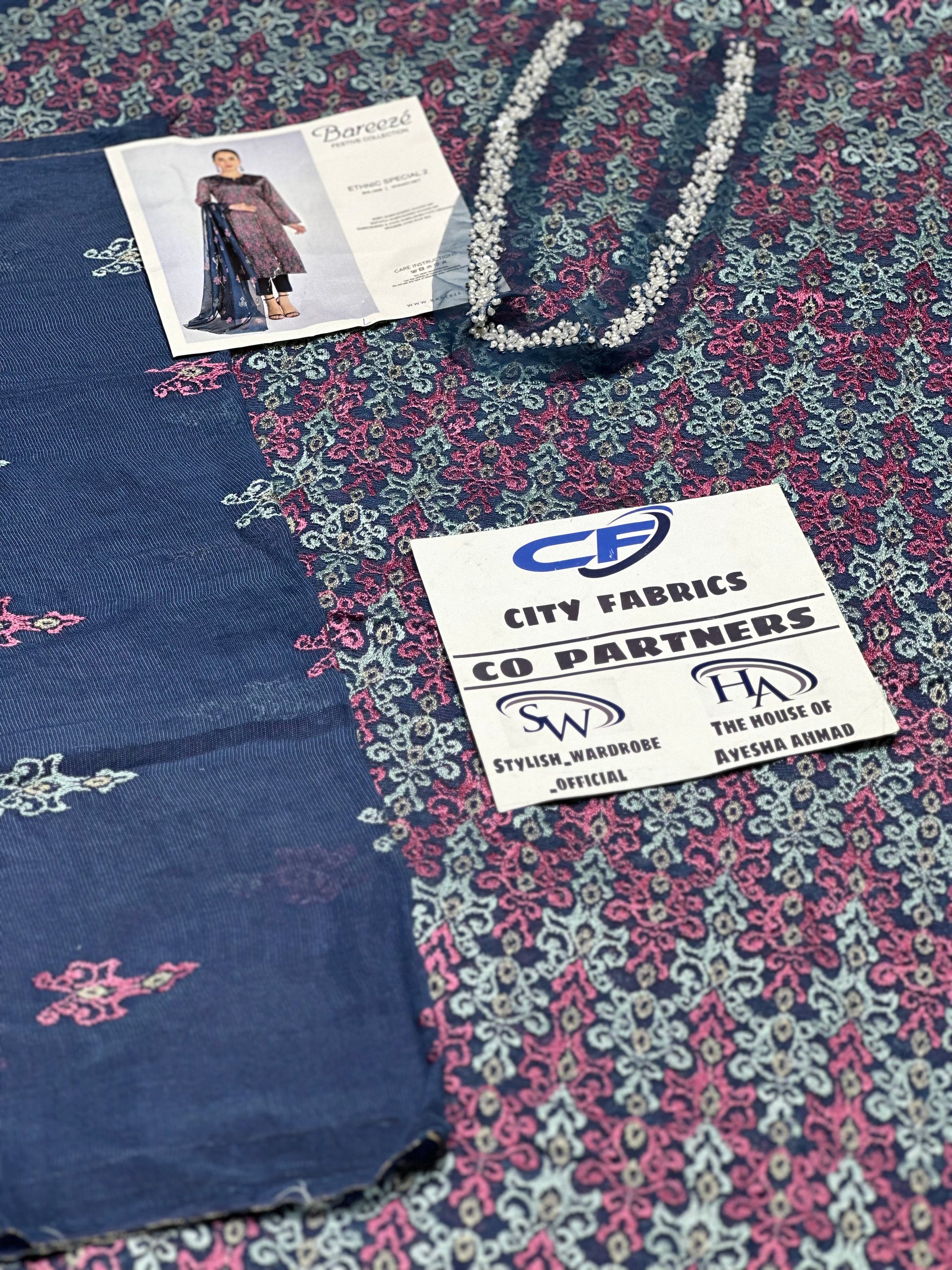 BAREEZA KHAADI NET UNSTITCHED EMB SUIT - City Cloth House